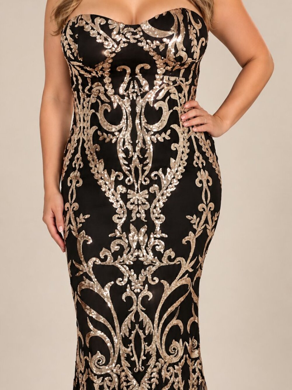 Miss Ord XL Black Gold Sequin Strapless Mermaid Formal Gown NWT